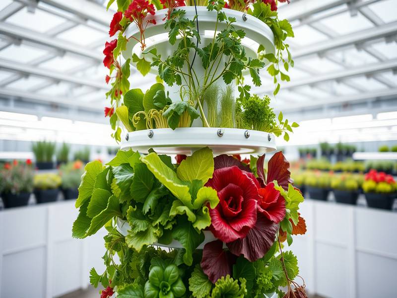 Tour aéroponique verticale remplie de salades et herbes
