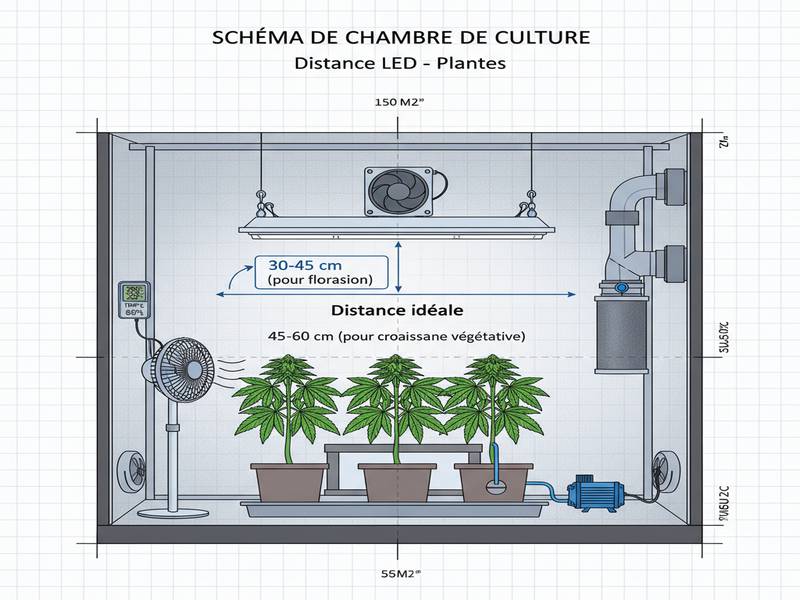 Schéma d'une chambre de culture avec distance idéale entre la LED et les plantes