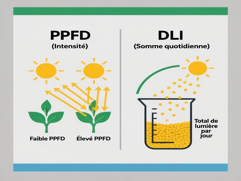 Graphique illustrant la différence entre PPFD (intensité) et DLI (somme quotidienne)