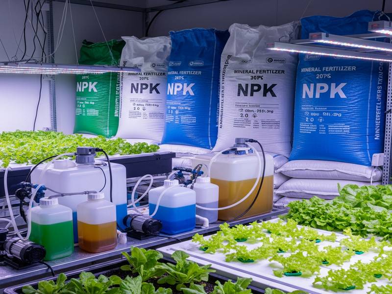 Sacs d'engrais minéraux et solution nutritive en hydroponie