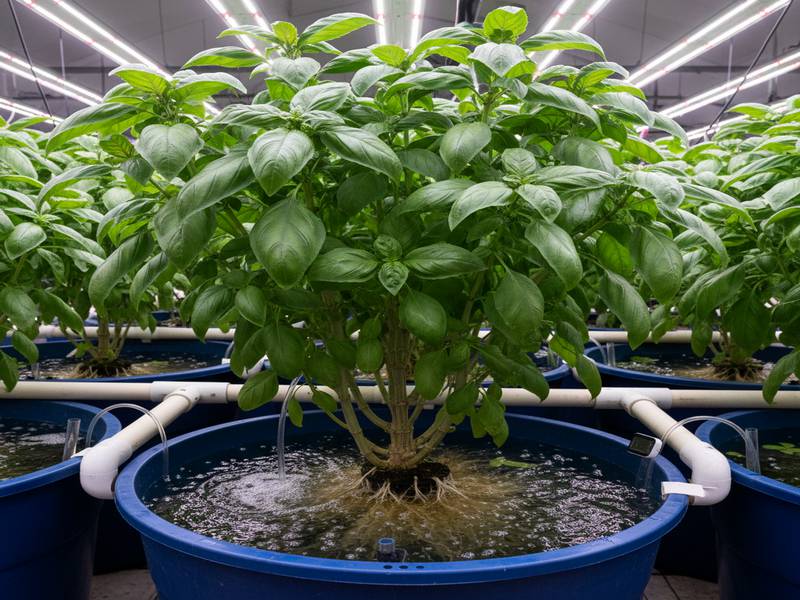 Basilic Genovese luxuriant cultivé en système DWC