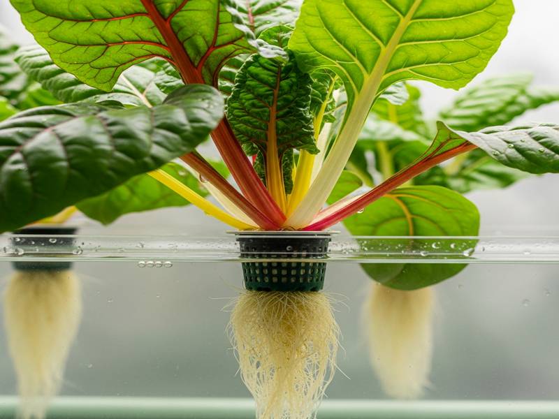 Blettes arc-en-ciel aux tiges rouges et jaunes cultivées en DWC