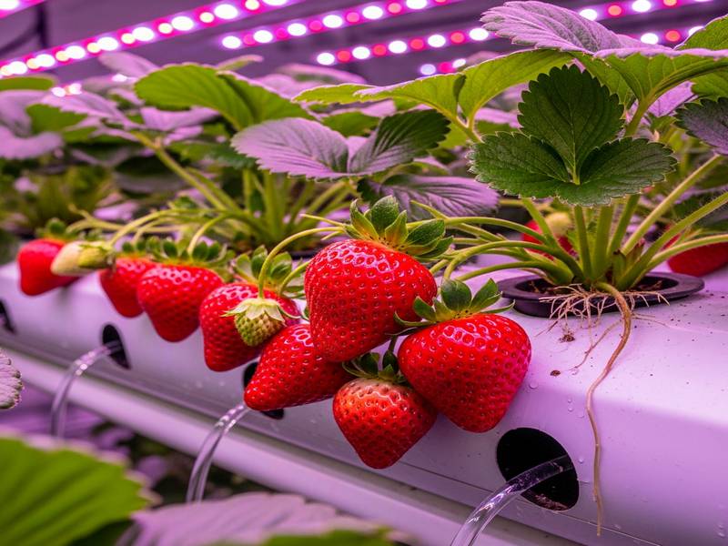 Fraises rouges cultivées en hydroponie sous éclairage LED
