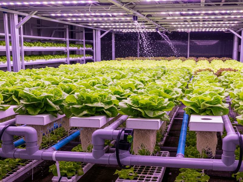 Laitues feuille de chêne et batavia cultivées en système NFT sous LED