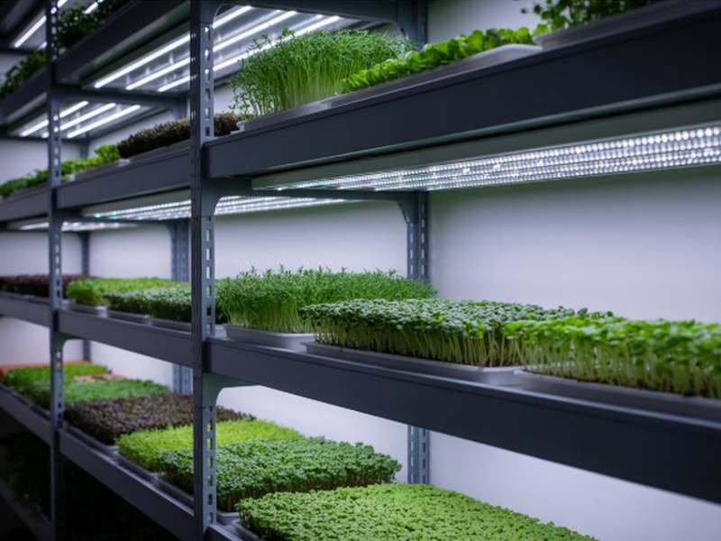 Installation professionnelle de microgreens sur étagères avec LED