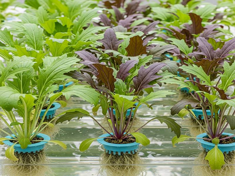 Mizuna vert et rouge cultivé en système hydroponique Kratky