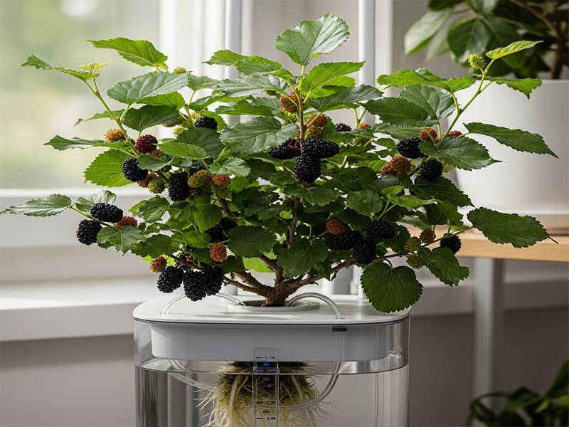 Mûrier nain Mojo Berry avec fruits noirs en pot hydroponique