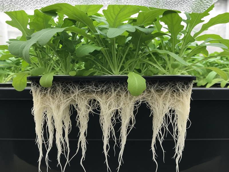 Roquette cultivée en méthode Kratky avec des racines blanches saines