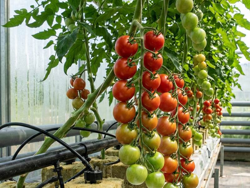 Grappe de tomates cerises mûrissant sur un pied en système goutte-à-goutte hydroponique