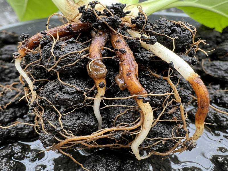 Racines brunes et pourrissantes dues à un mauvais substrat