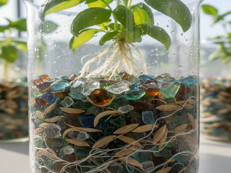 Mélange de verre recyclé et balles de riz pour culture hydroponique