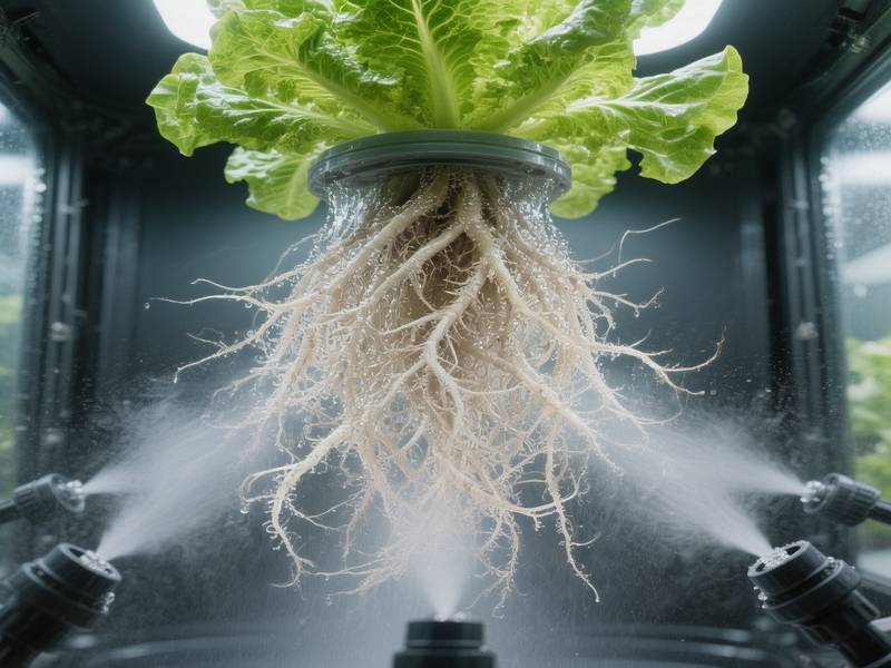 Racines de plantes suspendues dans l'air avec des buses de brumisation en action