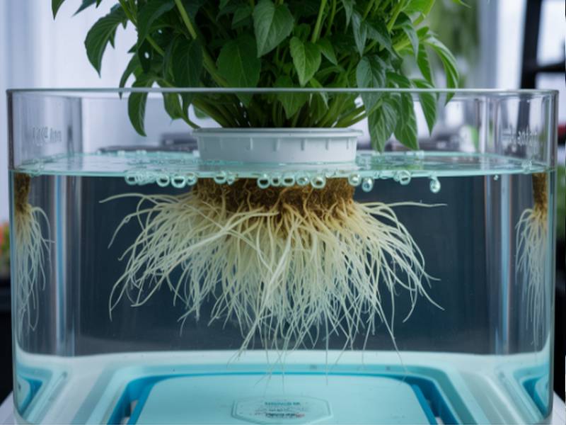 Système hydroponique DWC ouvert montrant une masse racinaire blanche et saine plongeant dans une solution nutritive oxygénée