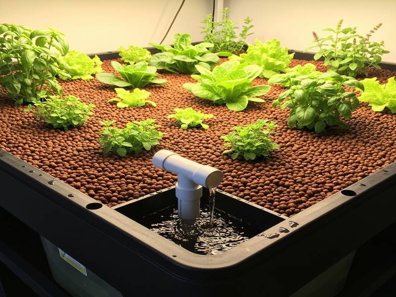 Table à marée remplie de billes d'argile avec des plantes saines, système de trop plein visible