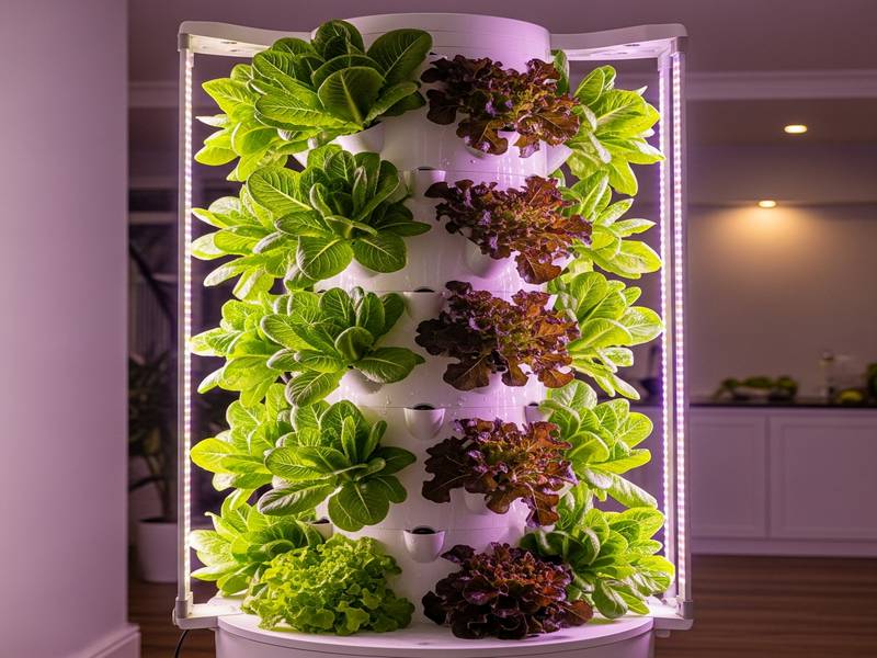 Tour hydroponique blanche remplie de laitues vertes et rouges luxuriantes en intérieur