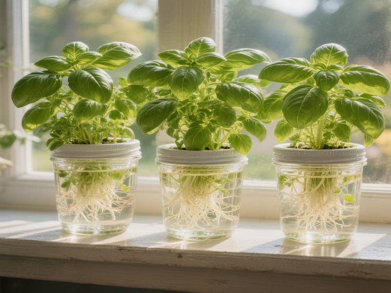 Pots en verre mason jar avec du basilic en méthode Kratky sur un rebord de fenêtre