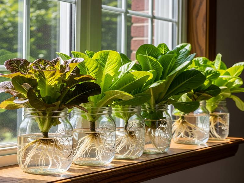 Laitues poussant dans des bocaux en verre (Mason Jars) sur un rebord de fenêtre