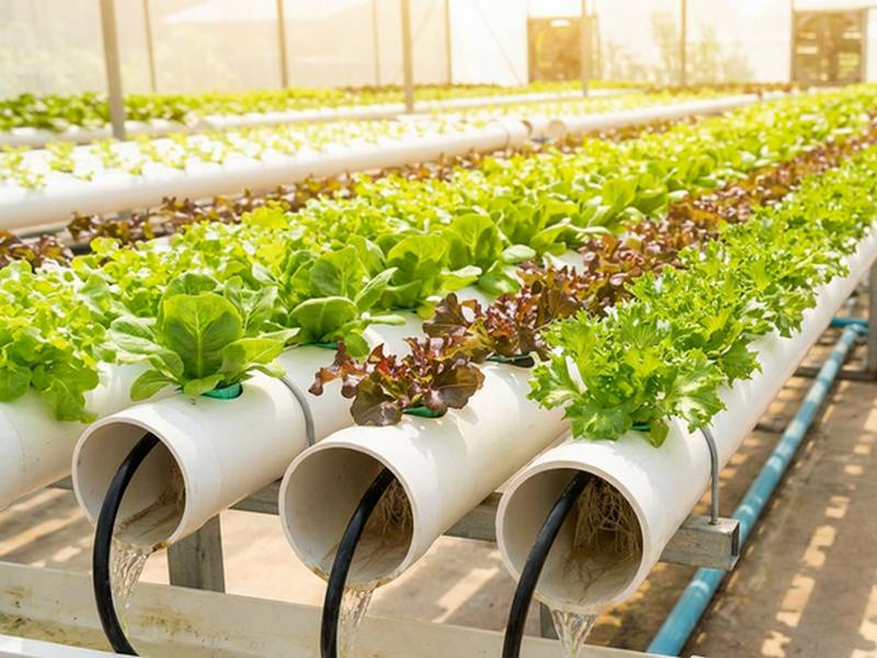 Rangée de laitues poussant dans des tuyaux PVC blancs système NFT